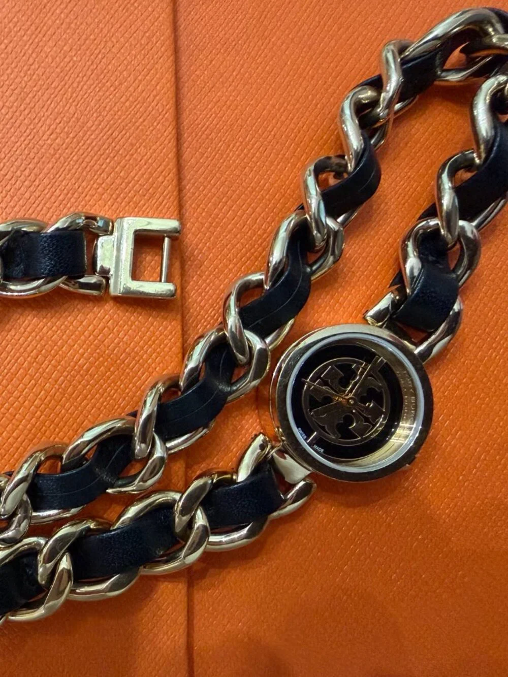 Tory Burch Reva Watch w/Steel Chain Bracelet Interwoven w/Black Leather